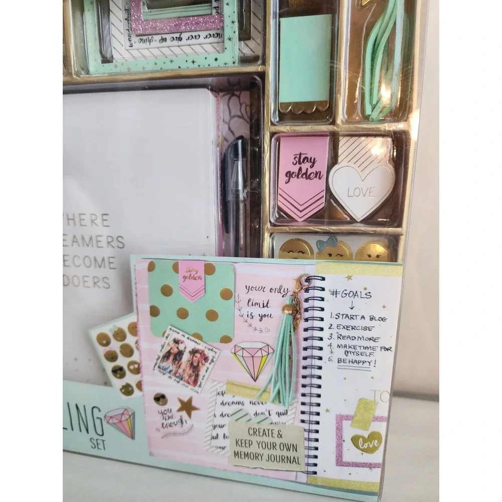 STMT DIY Journaling Set Memory Journal Kit Gold Mint Pink Where Dreamers Doers
